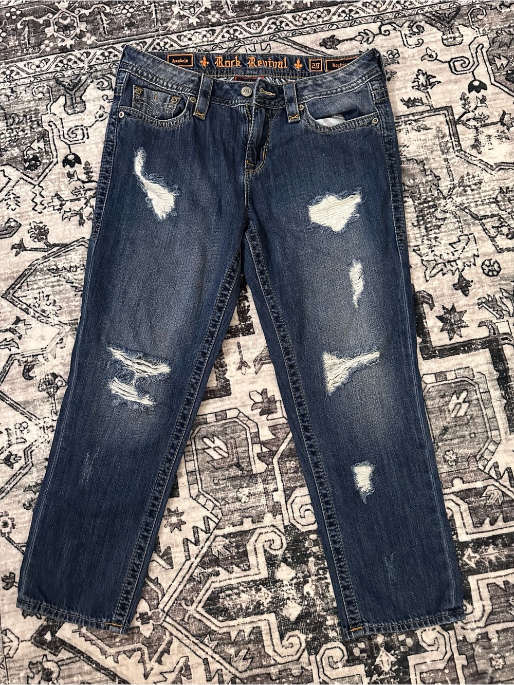 Rock Revival Distressed Boyfriend Jeans - Medium Blue
